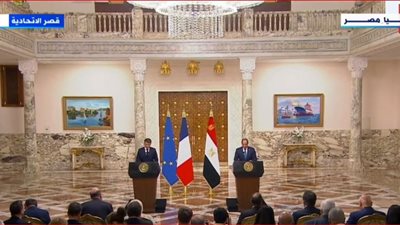 نص كلمة الرئيس في المؤتمر الصحفي مع ماكرون.. نرفض تهجير الفلسطينين